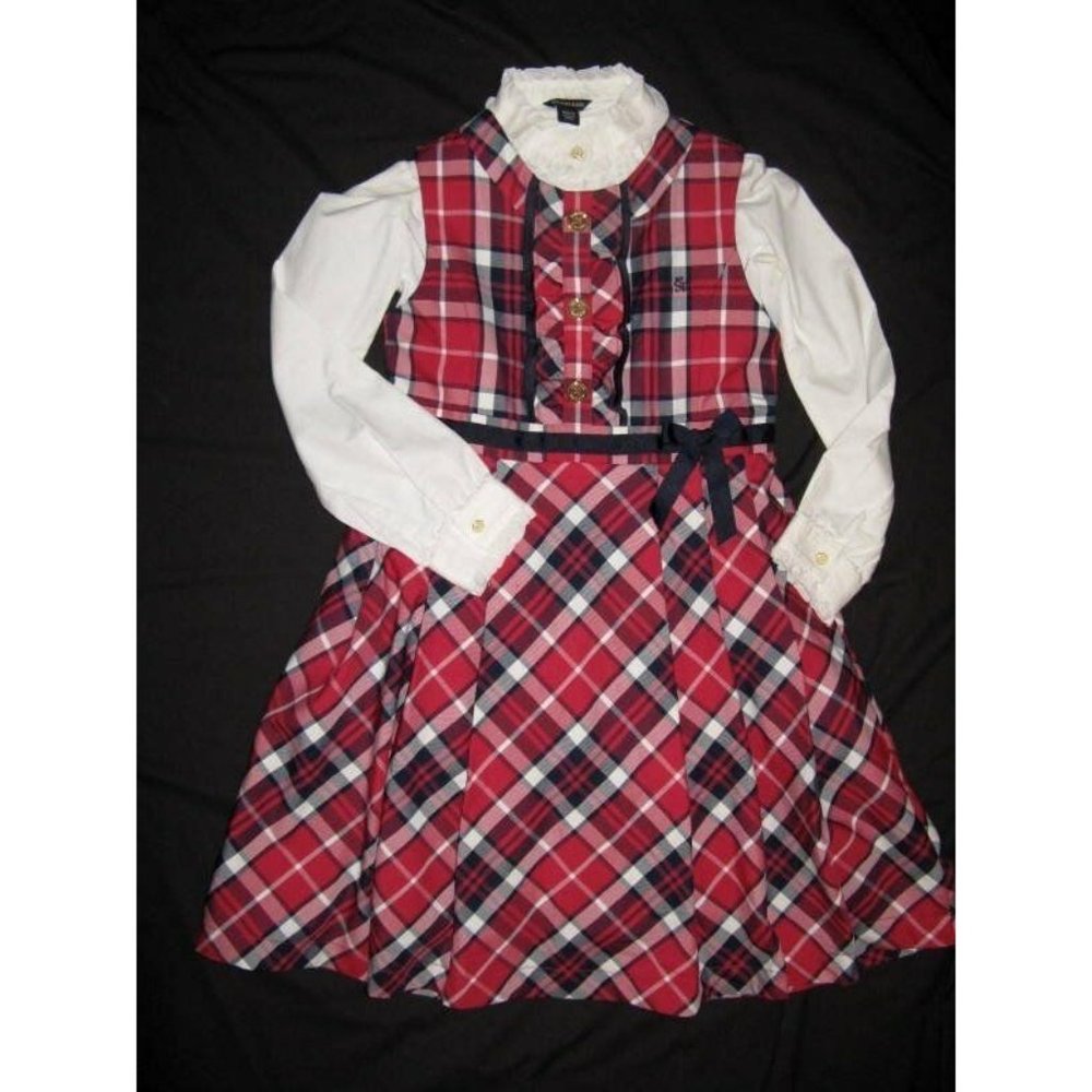 $128 NWT E-Land Luxury Well-Made 12 150 Dress Holiday Tartan Plaid Jumper Navy